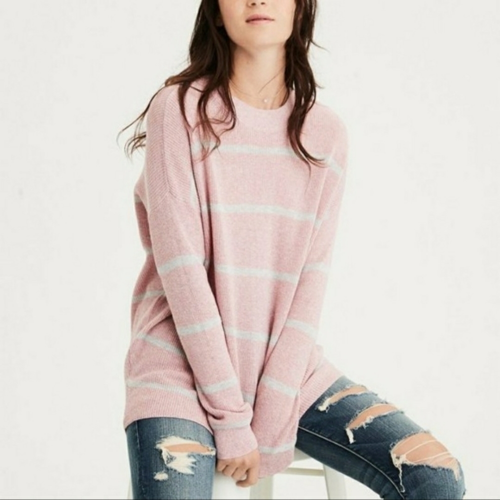 American Eagle AEO Pink Grey Striped Crewneck Pulloever Knit Sweater Jegging Fit
